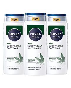 Nivea Men Sensitive Calm Body Wash with Vitamin E and Hemp Seed Oil, 3 Pack of 16.9 Fl Oz Bottles