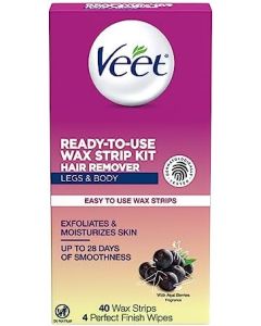 VEET Sugar Wax Strips For Women's Body Hair Removal, Bikini Hair Removal Kit, Pubic Hair Removal, Dermatologically Tested For Body & Intimate Areas, 40ct Wax Strips with Shea Butter & 4ct Wipes