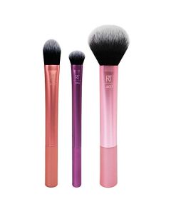 Real Techniques Travel Essentials Makeup Brush Kit, Makeup Brushes, Perfect For On The Go, Multicolored, Vegan Synthetic Makeup Brush Bristles, 4 Piece Set