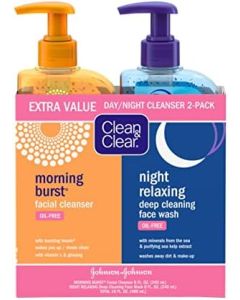 Clean & Clear 2-Pack Day and Night Face Cleanser Citrus Morning Burst Facial Cleanser with Vitamin C and Cucumber, Relaxing Night Facial Cleanser with Sea Minerals, Oil Free & Hypoallergenic Face Wash