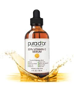 PURA D'OR 20% Vitamin C Serum (4oz BEST VALUE) Lightweight Maximum Strength Formula,Hyaluronic Acid,Retinol,Professional Grade Treatment For Face & Eyes,Dark Spots,Acne,Wrinkles,For Men & Women