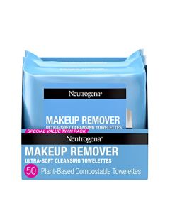Neutrogena Cleansing Fragrance Free Makeup Remover Face Wipes, Cleansing Facial Towelettes for Waterproof Makeup, Alcohol-Free, Unscented, 100% Plant-Based Fibers, Twin Pack, 2 x 25 ct