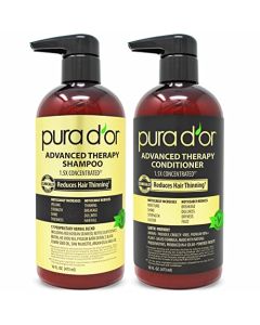 PURA D'OR Anti-Thinning Advanced Therapy Biotin Shampoo & Conditioner Hair Care Set, Clinically Proven, DHT Blocker Hair Thickening Products For Women & Men, Natural Daily Routine Shampoo, 16oz x 2