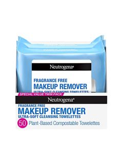 Neutrogena Cleansing Fragrance Free Makeup Remover Face Wipes, Cleansing Facial Towelettes for Waterproof Makeup, Alcohol-Free, Unscented, 100% Plant-Based Fibers, Twin Pack, 2 x 25 ct
