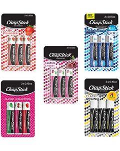 ChapStick Classic Collection Flavored Lip Balm Tubes Pack, Lip Moisturizer - 0.15 Oz (Box of 5 Packs of 3)