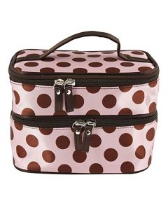 BONAMART Small Travel Makeup Bag Cosmetic Organizer Case for Women, Professional Double Layer Black Pink Dot Toiletry Train Brush Bags With Mirror for Girls Ladies (7.87x4.72x5.51 Inches)