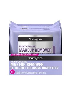 Neutrogena Makeup Remover Night Calming Cleansing Towelettes, Disposable Nighttime Face Wipes to Remove Dirt, Oil & Makeup, 25 ct, Twin Pack
