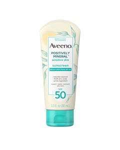 Aveeno Positively Mineral Sensitive Skin Daily Sunscreen Lotion with SPF 50 100 Zinc Oxide NonGreasy Sweat WaterResistant Sheer Sunscreen for Face Body TravelSize, Unscented, 3 Fl Oz