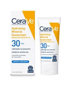CeraVe 100% Mineral Sunscreen SPF 30 | Face Sunscreen with Zinc Oxide & Titanium Dioxide for Sensitive Skin | With Hyaluronic Acid, Niacinamide, and Ceramides | 2.5 oz