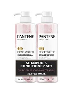 Pantene Sulfate Free Shampoo and Conditioner Set, Rose Water, Soothing and Moisturizing, Nutrient Infused with Vitamin B5, for all Hair Types, Safe for Color Treated Hair,Pro-V Blends, 17.9 oz,2-Count