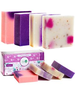 360Feel Floral 4 large Soap bar - Flower scents Lavender, Lilac, Hydrangea - Anniversary Wedding Gift Set - Handmade Natural Organic with Essential Oil, Pink, 5 Ounce (Pack of 4)