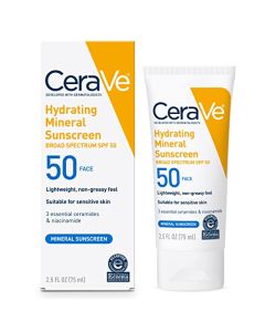 CeraVe 100% Mineral Sunscreen SPF 50 | Face Sunscreen with Zinc Oxide & Titanium Dioxide for Sensitive Skin | With Hyaluronic Acid, Niacinamide, and Ceramides | 2.5 oz