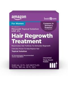 Amazon Basic Care Minoxidil Topical Solution USP, 2% Hair Regrowth Treatment for Women, 3-Month Supply, Unscented, 2 fl oz (Pack of 3)