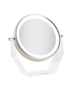 Zadro LED Lighted 8X/1X Magnification Two-Sided Swivel Acrylic Base Vanity Makeup Mirror for Bedroom, Bathroom and Tabletop in Satin Nickel