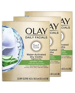 Olay Daily Facials for Clean Sensitive Skin, Makeup Remover Wipes, Soap-Free and Fragrance-Free Cleanser Cloths, 33 Count (Pack of 3) (Packaging may vary)