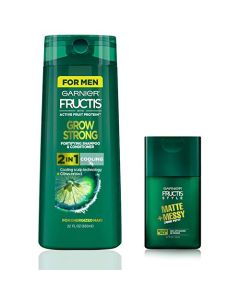 Garnier Hair Care Fructis Men's Grow Strong Cooling 2N1 Shampoo and Conditioner with Cooling Scalp Technology, Matte and Messy Liquid Hair Putty for Men, Medium Hold with No Wax, 1 Kit