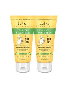 Babo Botanicals Clear Zinc Sunscreen Lotion SPF 30 with 100% Mineral Actives, Non-Greasy, Water-Resistant, Fragrance-Free, Vegan, For Babies, Kids or Sensitive Skin, 3 Fl Oz, Pack of 2
