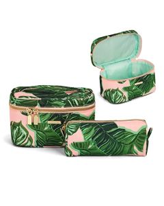 Conair Travel Makeup Bag, Large Toiletry and Cosmetic Bag, Perfect Size for Use At Home or Travel, Two Piece Train Case Set in Pink Palm Print