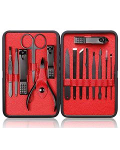 AE.MELAN Manicure Kit Nail Clippers Set Stainless Steel Professional Pedicure Black 15 Pieces Grooming Scissors Cutter Ear Pick Tweezers Scissors Eyebrow File for Man&Women Gift (Red/Black_15 Pieces)