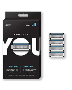 Made For You by BIC Shaving Razor Blades for Every Body - Men and Women, 4 Count - Refill Cartridges with 5 Blades for a Close Shave with Aloe Vera and Vitamin E for Smooth Glide