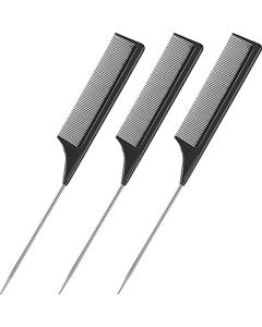 3 Packs Rat Tail Comb Steel Pin Rat Tail Carbon Fiber Heat Resistant Teasing Combs with Stainless Steel Pintail (Black)