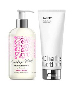 Coochy Plus Sweet Bliss & Chafe Lotion Kit - Intimate Shave Cream Prevents Razor Burn In-Grown Hair + Chafe Lotion Anti-Chafe Cream, Anti-Rubbing, Friction for Inner Thighs Armpit Running Cycling