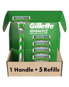 Gillette Mach3 Sensitive Razors for Men, 1 Gillette Razor, 5 Razor Blade Refills, Designed for Sensitive Skin