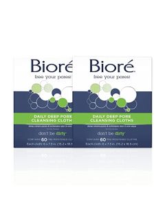 Bioré Daily Make Up Removing Cloths, Facial Cleansing Wipes with Dirt-grabbing Fibers for Deep Pore Cleansing without Oily Residue, 60 Count (Pack of 2)