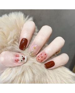 Light Rain Christmas Press on Nails - Reindeer, 3D Handmade Reusable Gel UV Finished Red and Pink Bling False nails, Hand-Painted with Design by Professional Manicurist, Short Square, Medium Size