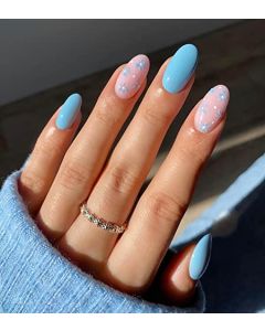 24 Pcs Press on Nails Medium, Sunjasmine Fake Nails with Nail Glue, Blue and Pink Flower False Nails with Designs Acrylic Nails Glue On Nails for Women