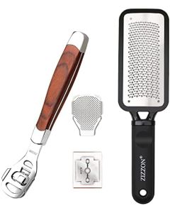 ZIZZON Wood Handle Callus Shaver and Colossal Foot Rasp Foot File, Professional Foot Care Pedicure Stainless Steel Metal Surface Tool and Blades to Removes Hard Skin