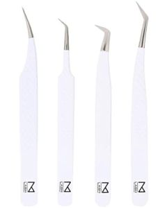 SET OF 4 M Lash Tweezers I-Series Professional Japanese Steel Quality Eyelash Extensions Supplies (White)