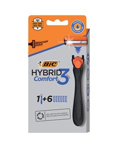BIC Comfort 3 Refillable Three-Blade Disposable Razor for Men, Sensitive Skin Razor For a Comfortable Shave, 1 Handle and 6 Cartridges, 7 Piece Razor Set