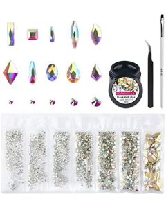 Nibiru Crystal AB Round & Multi-Shape Glass Nail Rhinestone Set(1728+60pcs), Flatback Gems Stones For Nails Decorations (1728+60 pcs Rhinestones with Glue)
