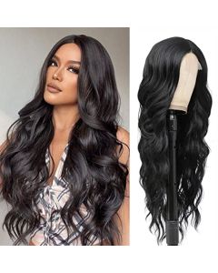 meiliprotea 26" Long Black Wavy Wigs for Women Middle Part Black Wig Long Wavy Wigs Natural Looking Realistic Highlight Synthetic Heat Resistant Fiber Wig for Daily Use (1B#)