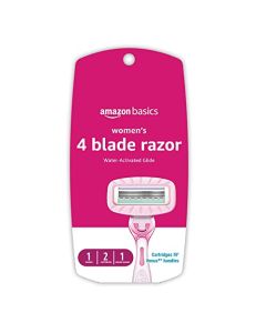 Amazon Basics Women's 4 Blade Razor for Women, Fits AmazonBasics & Venus Handles, Moisturizing Surround, 4 Count, Includes 1 Handle, 2 Cartridges & 1 Shower Hanger, Pink