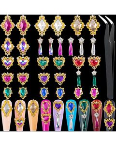 32PCS Golden Alloy Large 3D Nail Rhinestones Charm with Iridescent Color for Manicure Metal Frame, Big Gem Jewel Stone Crystal Diamond for Nail Art, Tweezer Included