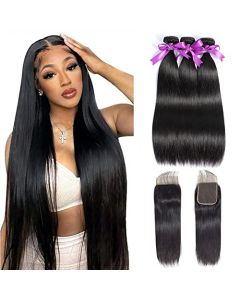 Straight Bundles with Closure Human Hair 24 26 28+20 Brazilian Human Hair Bundles with Closure Straight 100% Unprocessed Virgin Weave Hair Bundles with Closure 10A Bundles Human Hair with Lace Closure