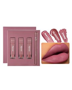 Espoce Lipstick and Lip Liner Set, 4 Pcs Matte Glossy Shiny Lip Gloss and Lip Liner Kit, Non-Sticky, Waterproof, Long Lasting, Stone, 0.5 Fl Oz