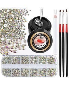 1PC 8ml Wipe-Off Nail Art Rhinestone Glue Gel Adhesive + 1 Box 2-5mm Flat Back Round Glass Crystal AB Rhinestones + 3PCS Glue Brush + 1PC Pickup Pencil