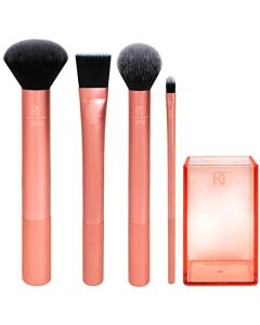 Real Techniques Flawless Base Brush Set With Ultra Plush Custom Cut Synthetic Bristles and Extended Aluminum Ferrules to Build Coverage for Every Makeup Application Need, Orange, 5 Piece