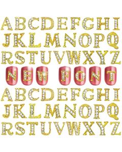 52pcs New Fonts Gold Letter Nail Charms 3D Nail Art Alloy Rhinestone Capital Letters Nail Studs Alphabet Art Nail Metal Decals Decorations for Acrylic Nails Bling Jewels Making Crafts DIY Manicuring