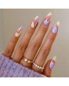 YOEYEZO 24 Pcs Press on Nails Medium Length, Acrylic Almond Press on Nails, Artificial Fake Nails with Jelly Stickers and No Glue, Acrylic Swirl False Nails for Women and Girls (Two-color ripple)