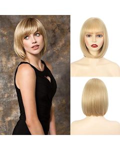 Amarlis Short Straight Bob Wigs for Women, 12 Inch Ash Blonde Bob Wig with Bangs Silky Soft Synthetic Fibers Wigs Hair for Cosplay Daily Party Use(Ash Blonde)