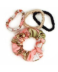 TheCotton&Silk 22 Momme Mulberry Silk Hair scrunchies mix, 4 pieces, 100% 6A (Highest) Grade, Floral, champagne, black