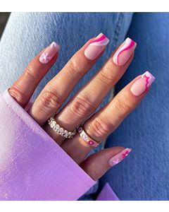 24 Pcs Acrylic Press on Nails Short | Medium, Glue on Nails for Women, Fake Nails with Glue (Pink Swirl Flower)