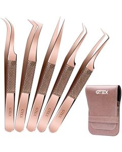 GTEX Lash Tweezers For Eyelash Extensions Tweezers, Circle Grip - Japanese Steel - Professional Eyelash Tweezers For Extensions, 5 Pack - Rose Gold