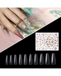 500PCS Coffin Nail Tips Clear Nail Tips with One Butterfly Nail Sticker, Press on Nails Long Ballerina Nails Acrylic Nails Full Cover Nails DIY Nail Art, 10 Sizes