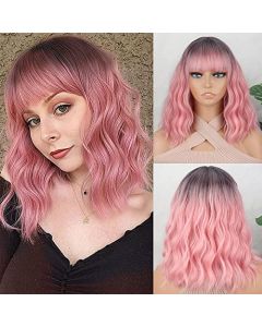 Xinran Short Wavy Pink Wig with Bangs, Short Pink Ombre Wig for Women, Shoulder Length Pink Wavy Bob Wig Synthetic for Party and Daily
