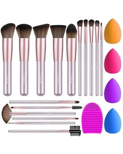 16Pcs Makeup Brushes Set, 4Pcs Beauty Blender Sponge Set and 1 Brush Cleaner, Premium Synthetic Foundation Brushes Blending Face Powder Eye Shadows Make Up Brushes Kit (Purple)